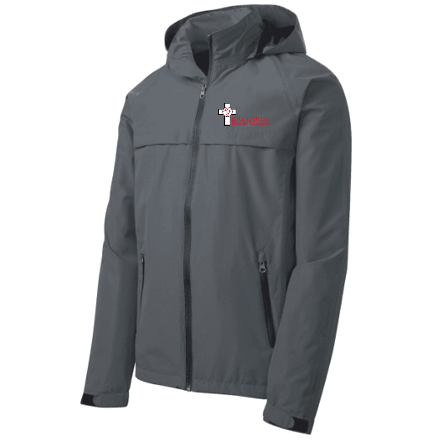 A grey jacket with the Brethren Rescue Mission logo on the left chest.