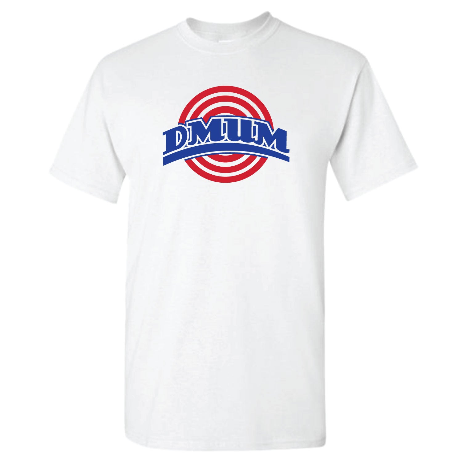 White T-shirt with a red and blue circular logo that says 'DMUM'.