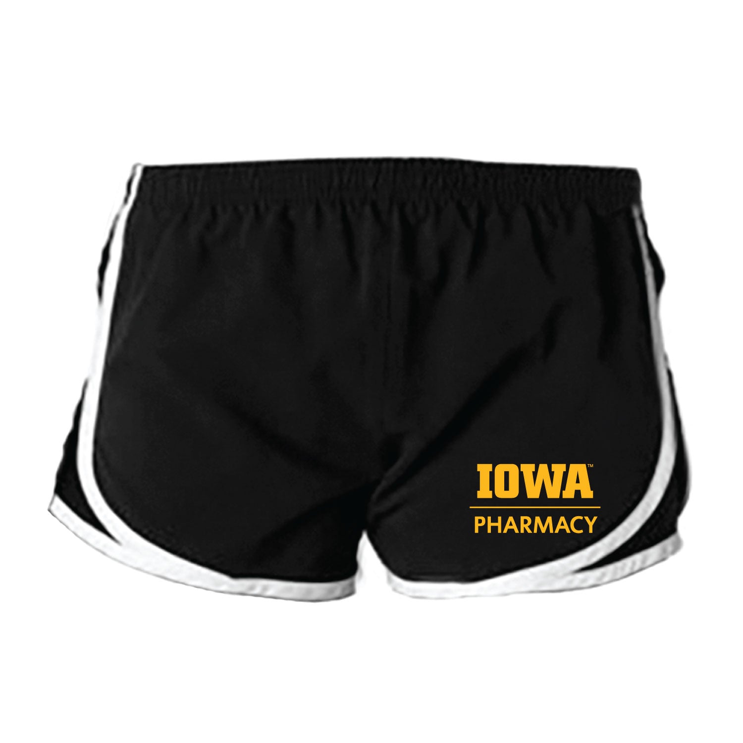 Black athletic shorts with white stripes and 'Iowa Pharmacy' printed in yellow.