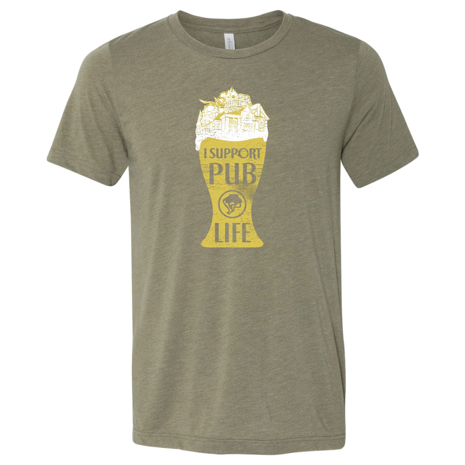 Olive green T-shirt with a yellow graphic of a beer glass and the text 'I Support Pub Life'.