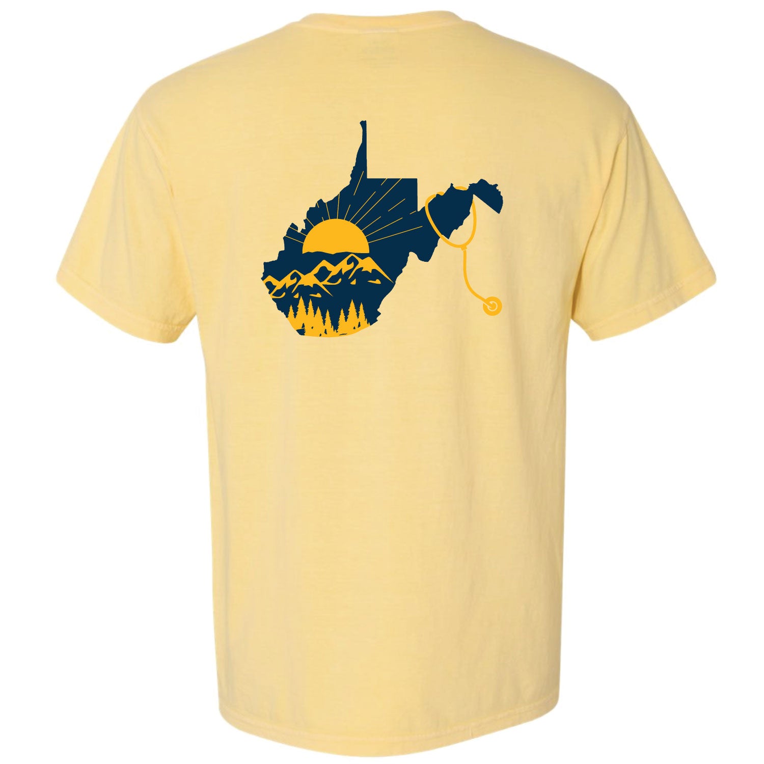 Yellow t-shirt with a graphic design of West Virginia, featuring mountains, trees, a sunrise, and a stethoscope.